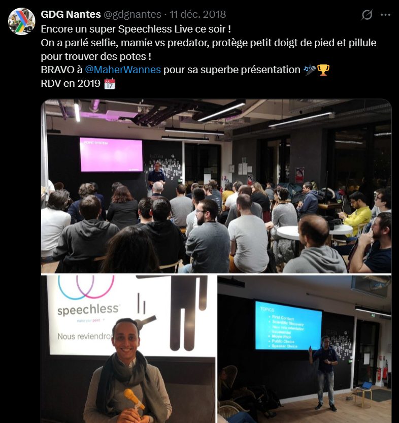 Publication de GDG Nantes (décembre 2018) félicitant Maher Wannes pour sa présentation au Speechless Live, photos de la soirée à l'appui
